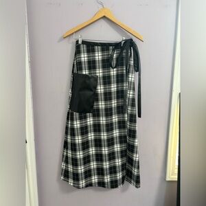 Black & White Plaid Wrap Maxi Skirt with Pocket Detail